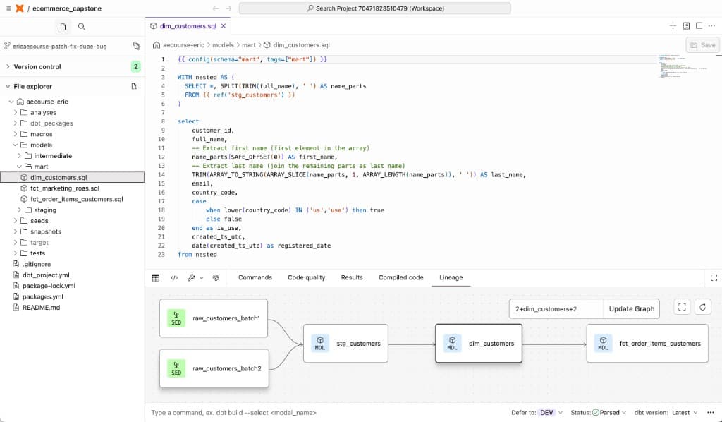 dbt Cloud Studio with model code and lineage DAG